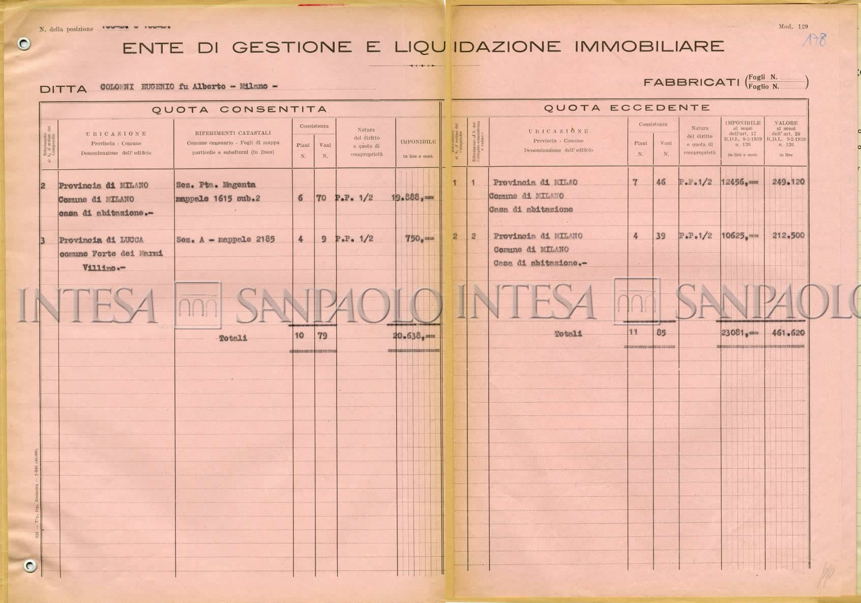 Modulo di autodenuncia. Copia della ripartizione dei beni in quota consentita e quota eccedente, 28 giugno 1940.